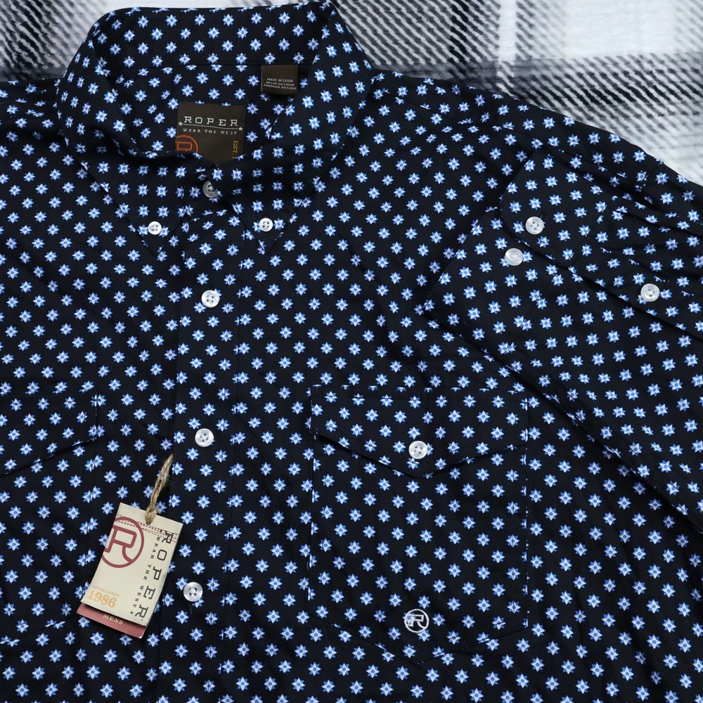 NWT Roper Mens Western Shirt Black Blue Star Print 2XL Long Sleeve BL NEW